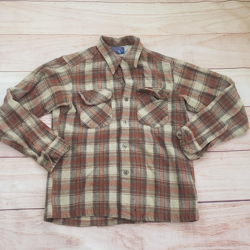 Vintage Pendleton Shirt Mens Medium Brown Plaid 100% Wool Flannel Made USA 70s
